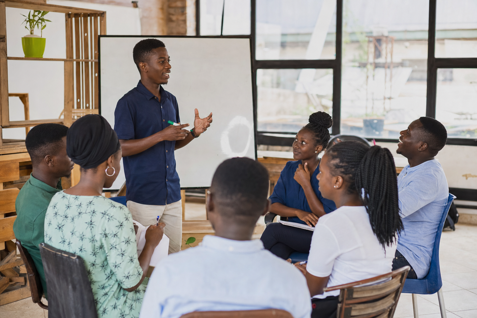 A young Ugandan presenting an idea during a practical group learning session