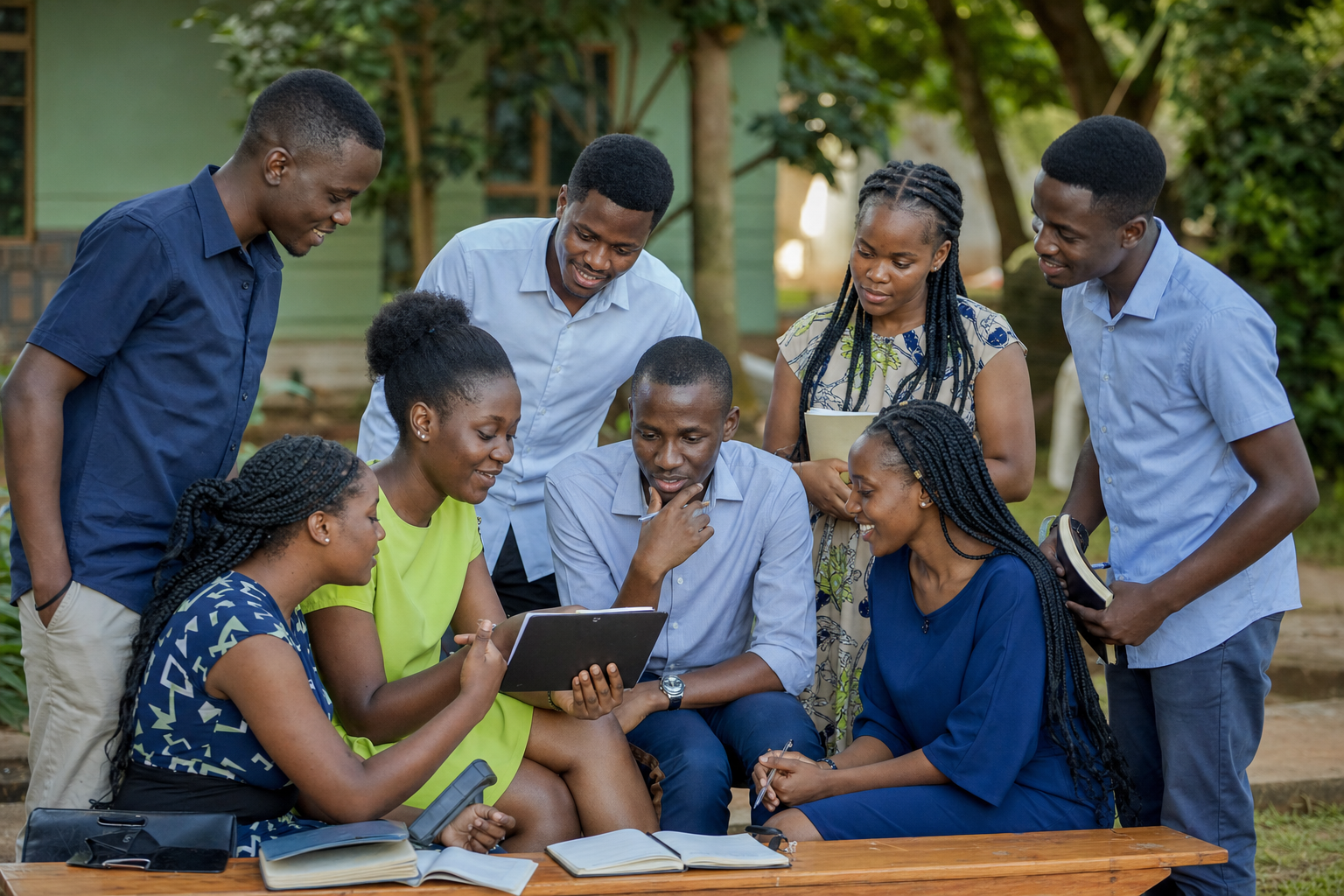 Young Ugandans collaborating on a community project outdoors