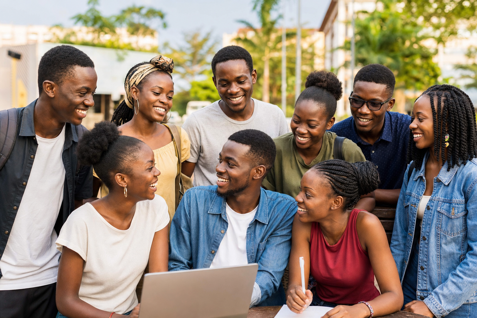 Happy young Ugandan women and men learning and connecting together
